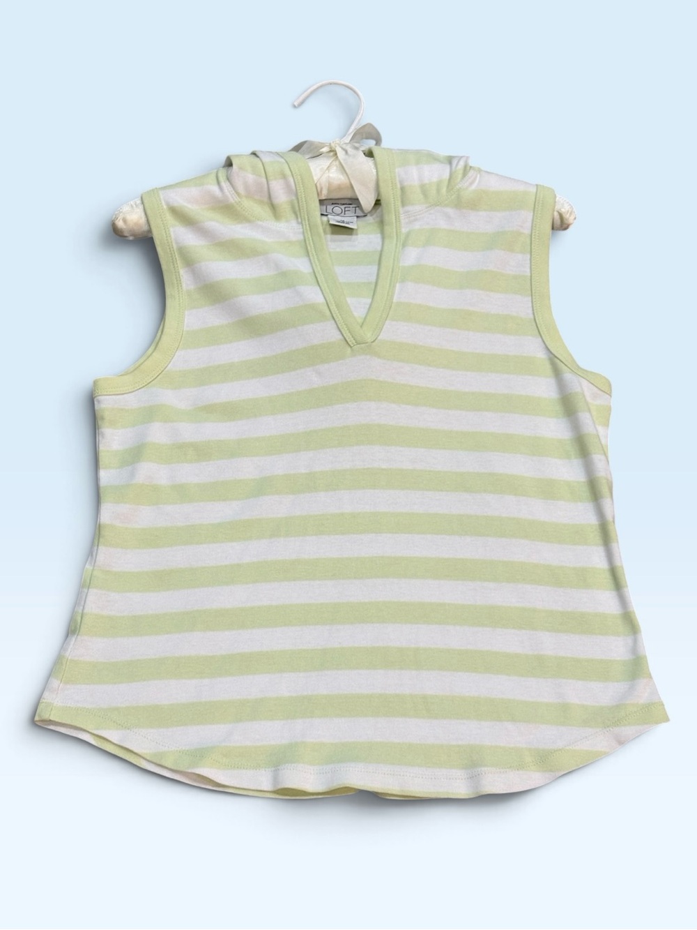 Ann Taylor LOFT Sleeveless V-Neck Striped Hooded Tank in Light Green and White
